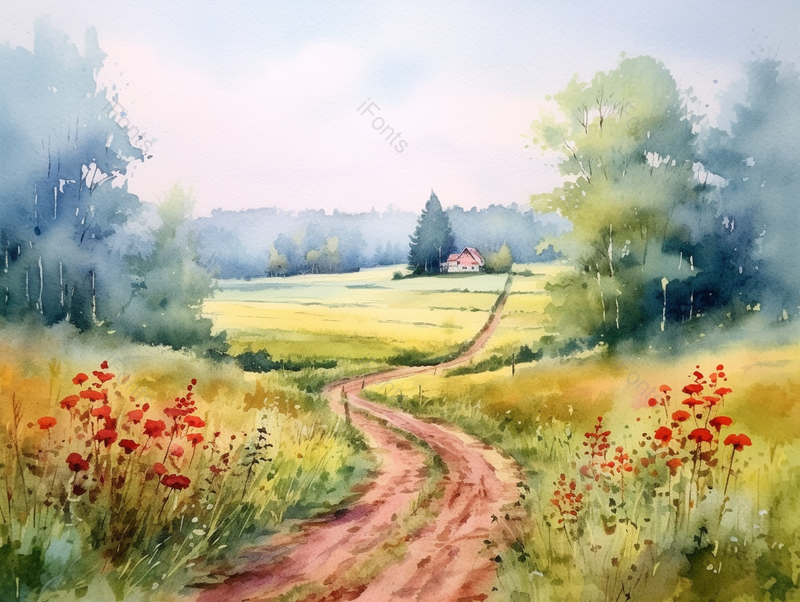 夏雨过后的草地红色鲜花水彩画背景,插画/手绘图,插画/手绘图库,插画/手绘图下载,插画/手绘
